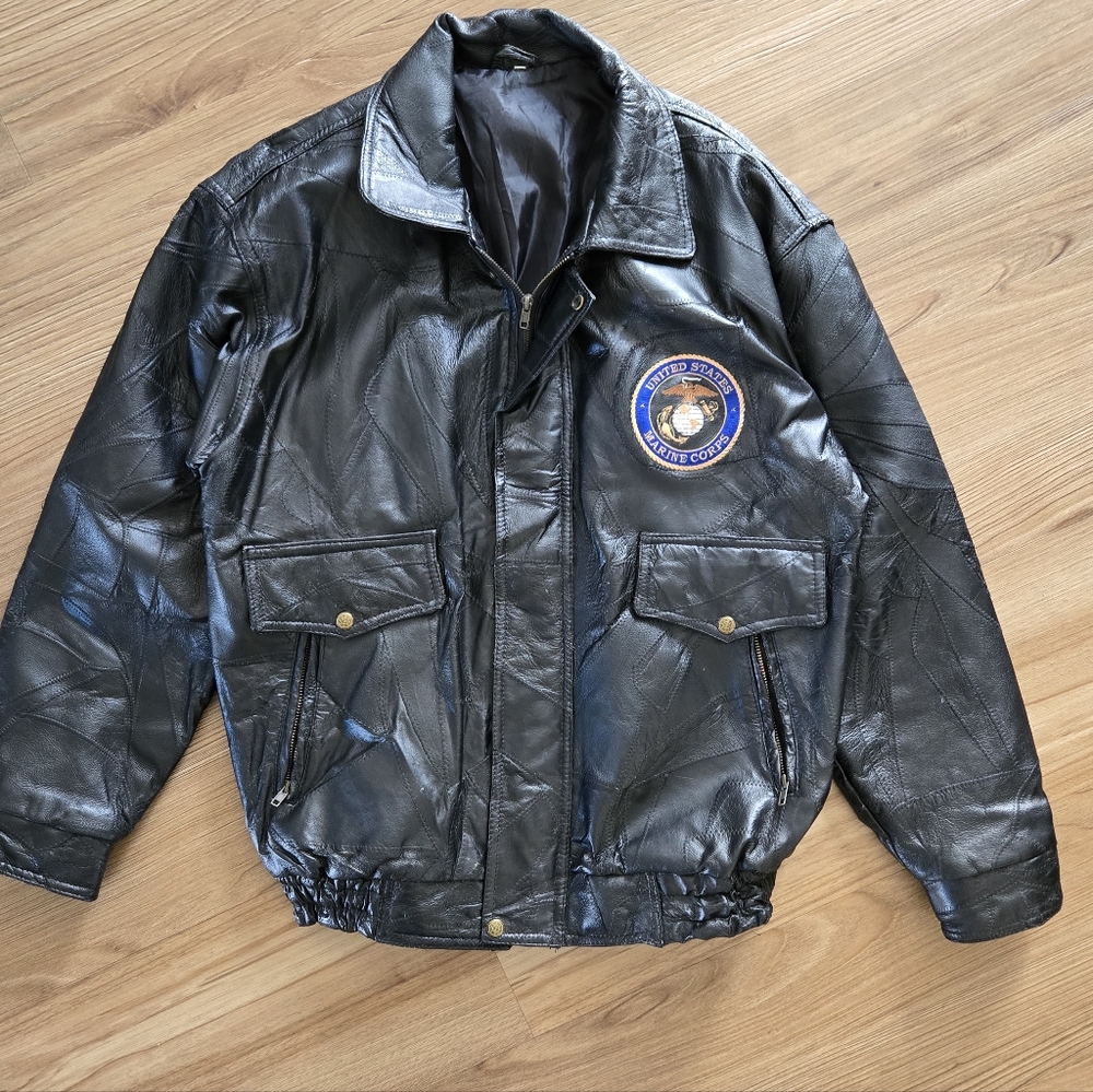 Vtg Men's Black Leather Jacket with Patch  United States Marine Corps